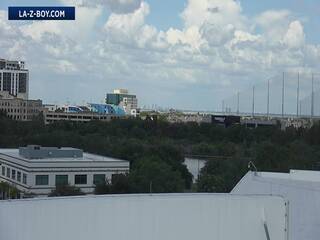 Skyline view of Topgolf entertainment venue.