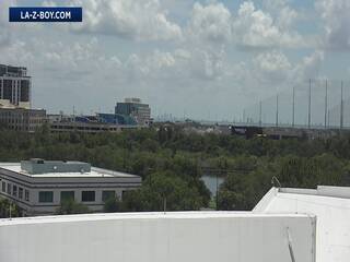Skyline view of Topgolf entertainment venue.