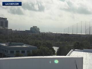 Skyline view of Topgolf entertainment venue.